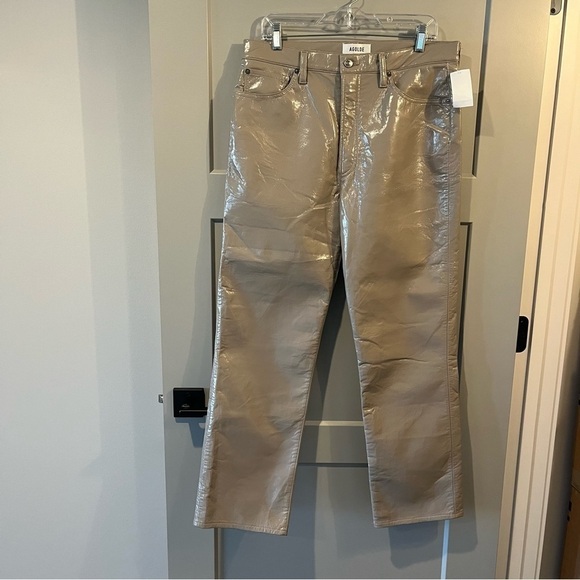 NWT Agolde Sz 31 Recycled Leather 90's Pinch Waist Pants Quail Beige Patent $378 - Picture 2 of 7